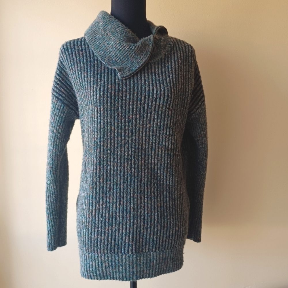 Leo & Nicole Zippered Cowl Neck Pullover Ribbed Chunky Knit Wool Blend Sweater